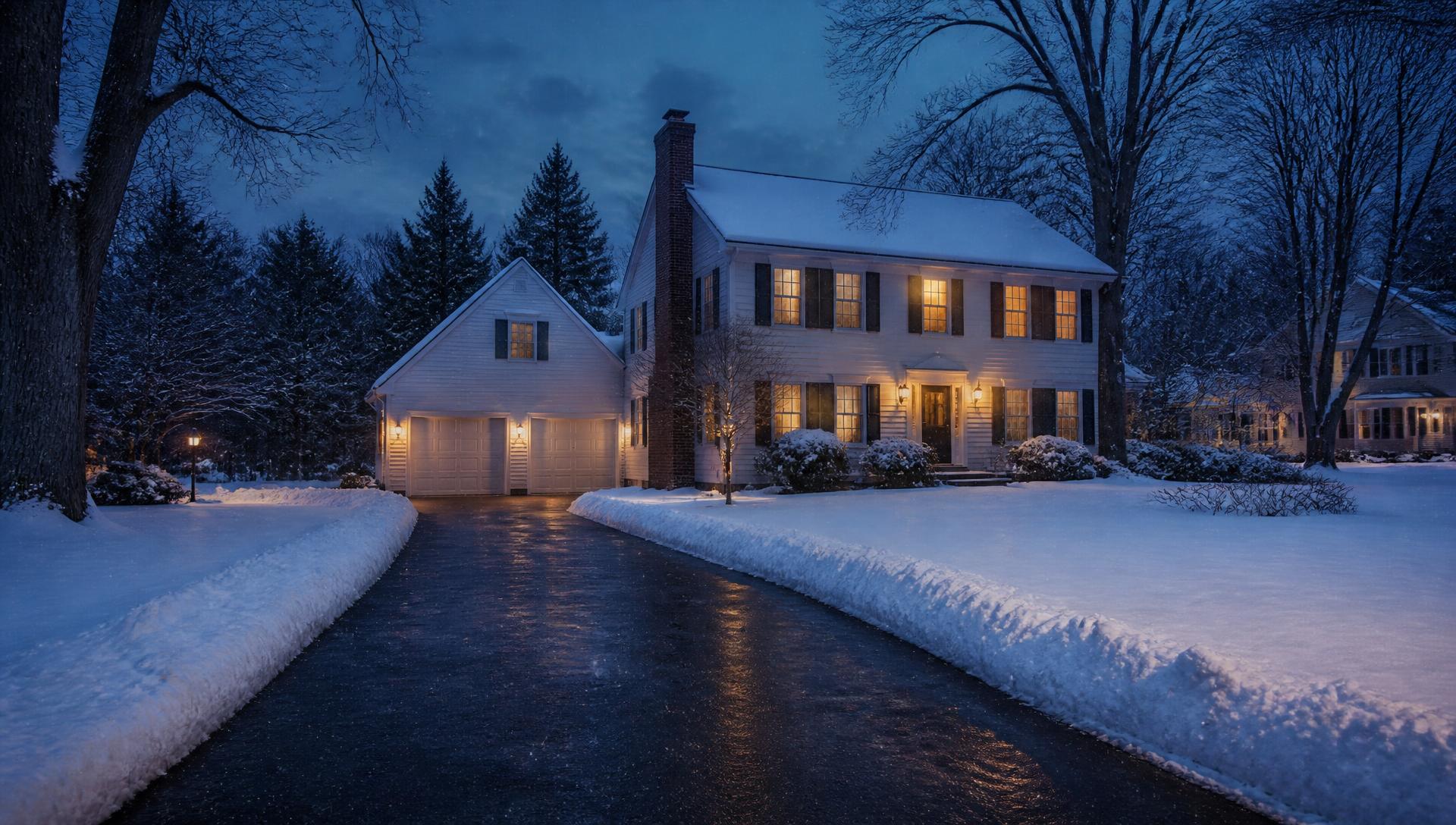 Freshly cleared residential driveway at dusk after a New England snowstorm