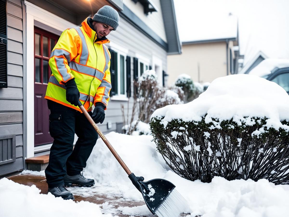 Crew member in a hi-visibility uniform shoveling a snowy walkway