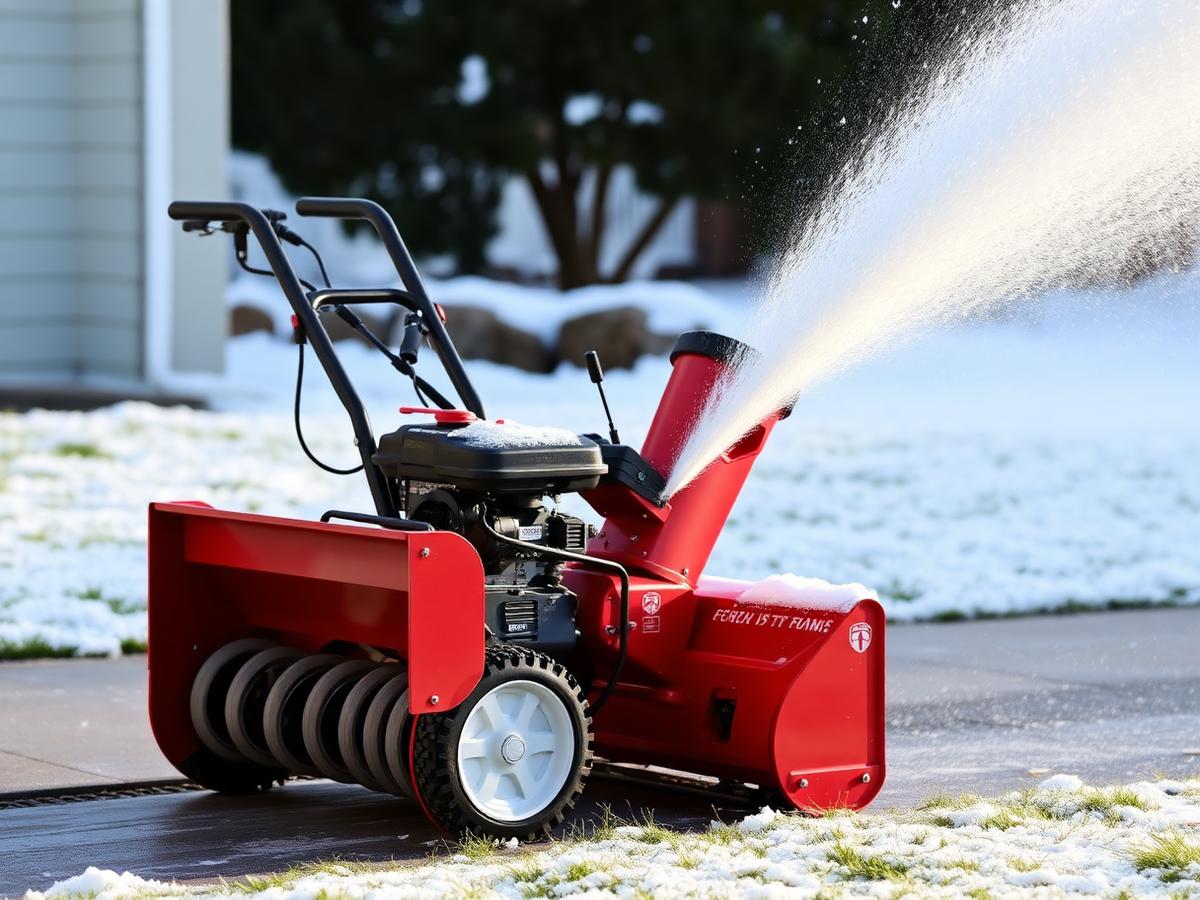 Snowblower throwing an arc of snow across a driveway onto the lawn