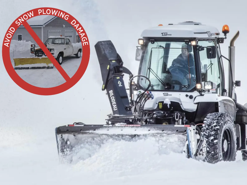 Tractor-mounted commercial snow blower clearing deep snow